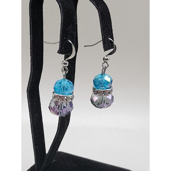 Blue Purple Faceted Glass Bead Earrings Rhinestone Spacer Dangle Jewelry - Picture 4 of 5